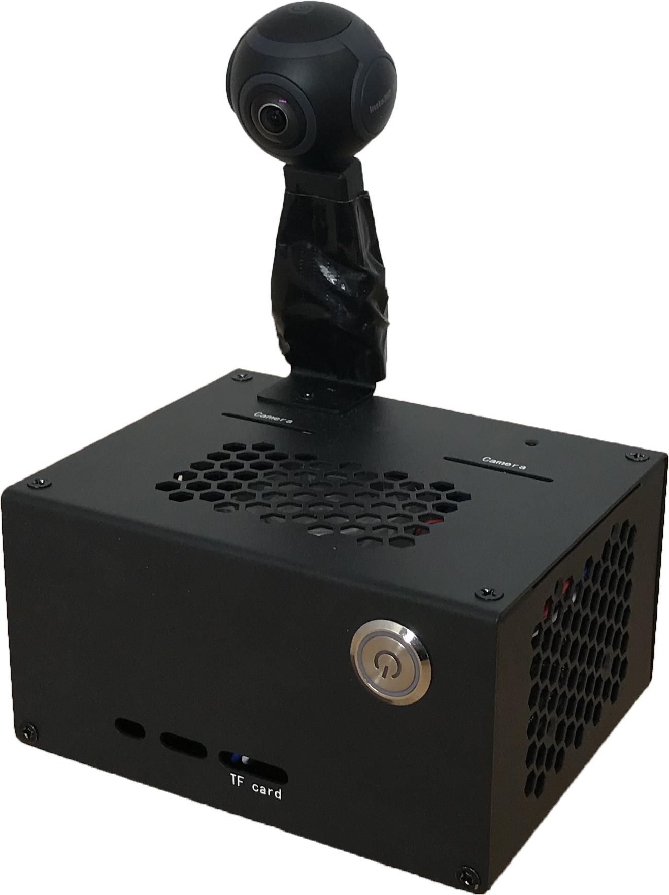 Insta360 Air mounted above a custom Jetson Nano computer enclosure in a research setup