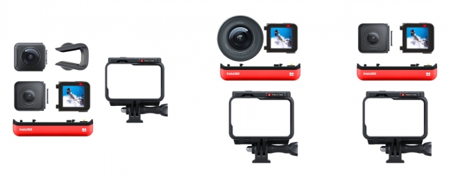 ONE R kit layouts: Twin Edition with 360 and 4K modules at left, 1-Inch wide-angle in the center and 4K wide-angle at right