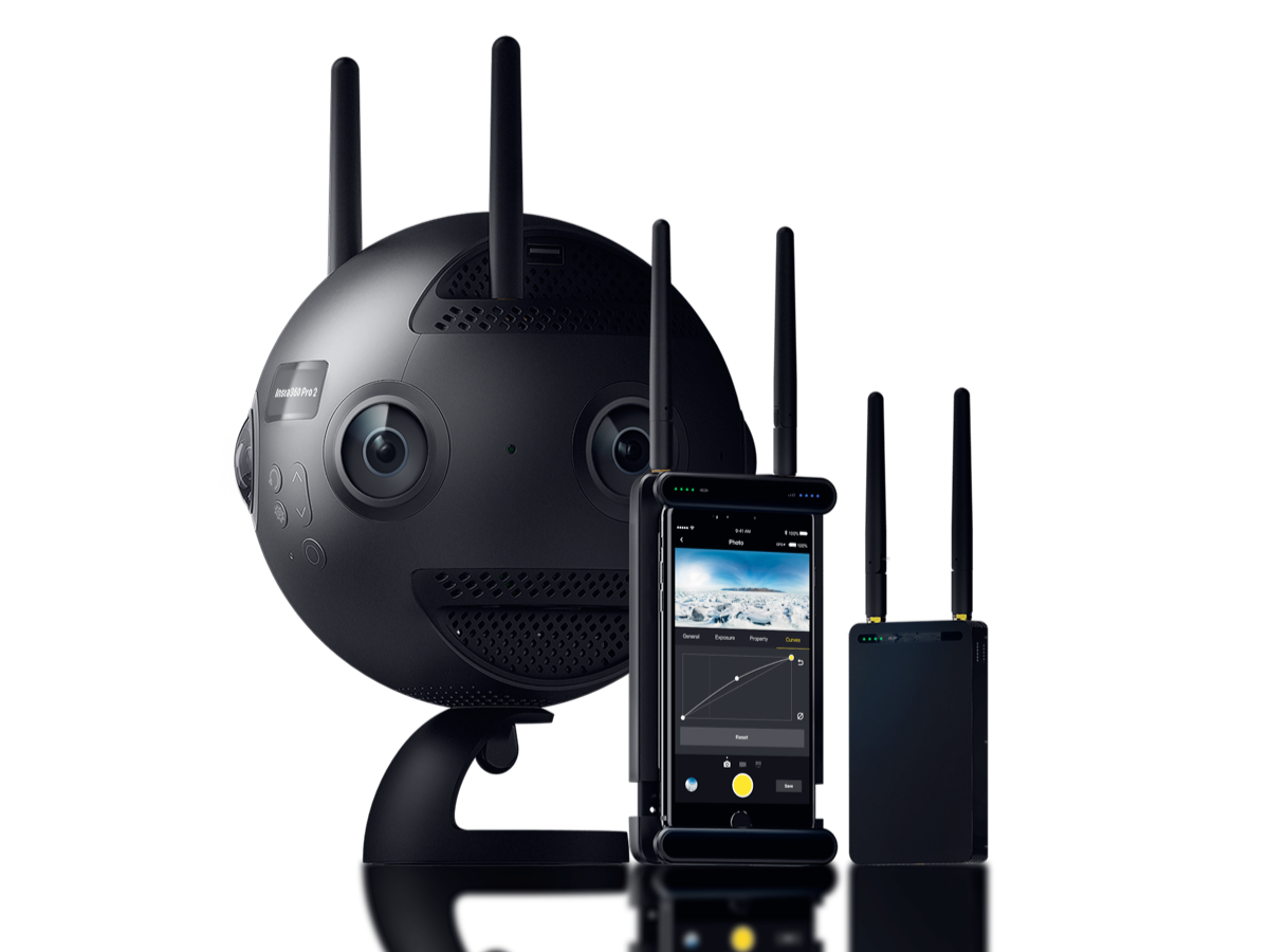 Insta360 Pro 2 camera illustration with wireless equipment and phone display