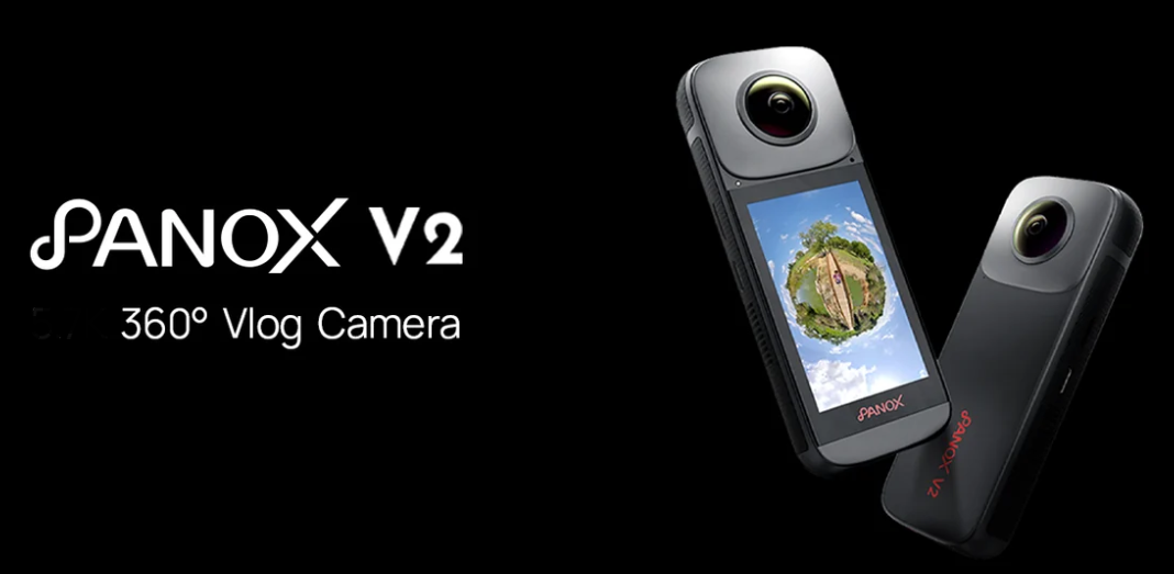 PanoX V2 product illustration showing its touchscreen and opposite fisheye lens