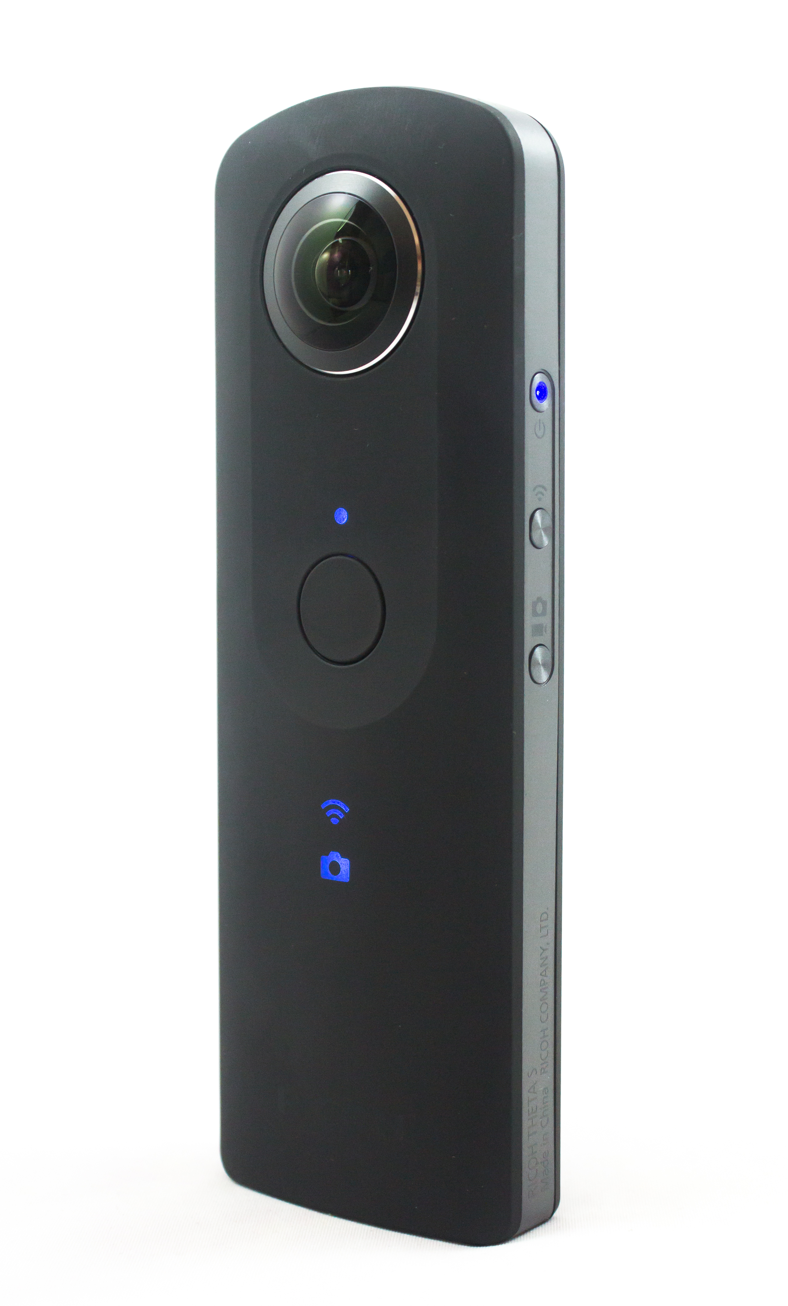 Black Ricoh Theta S showing its fisheye lens, shutter button and illuminated blue status indicators