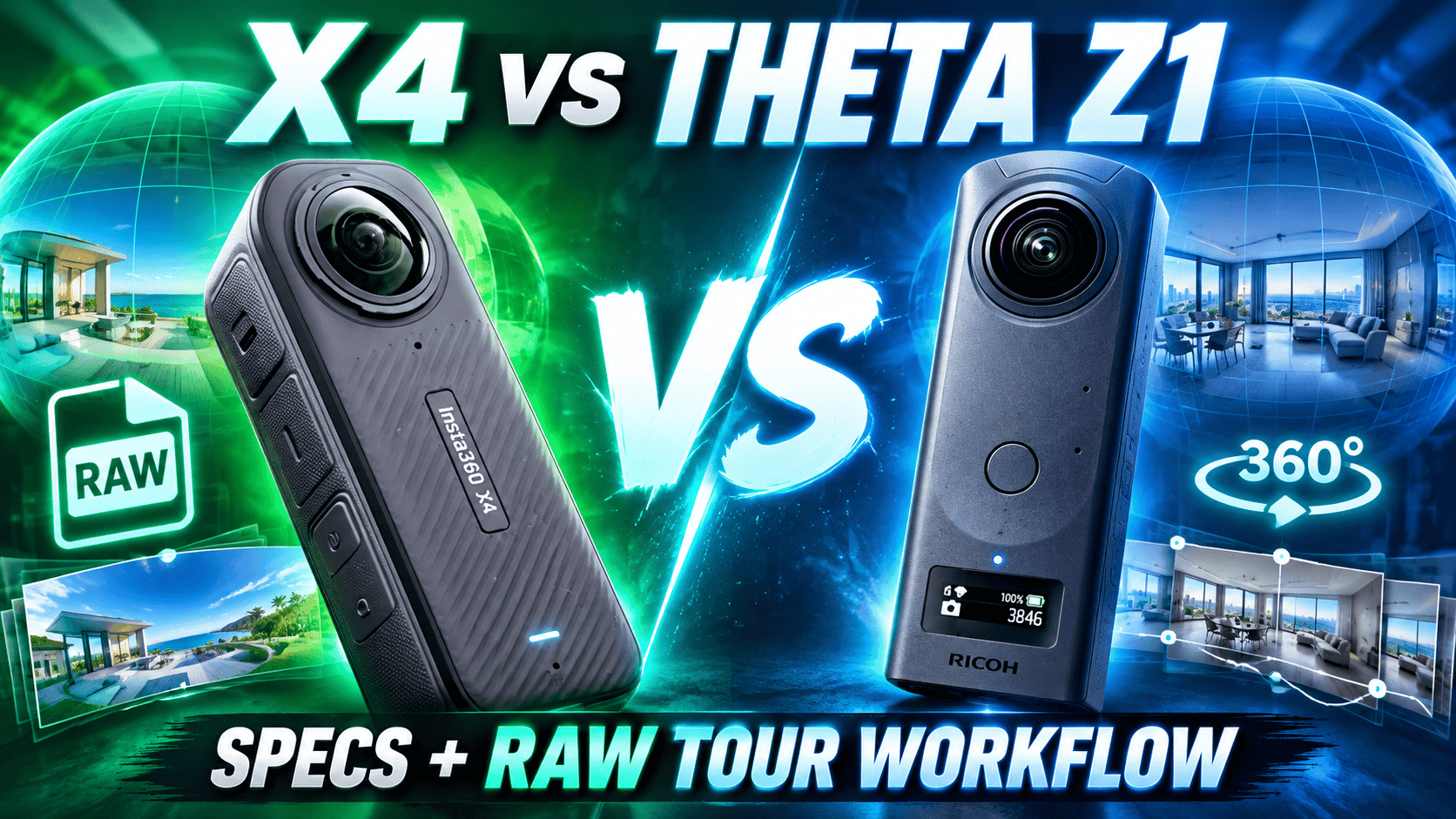 Insta360 X4 vs Ricoh Theta Z1: Specs and RAW Tour Workflow