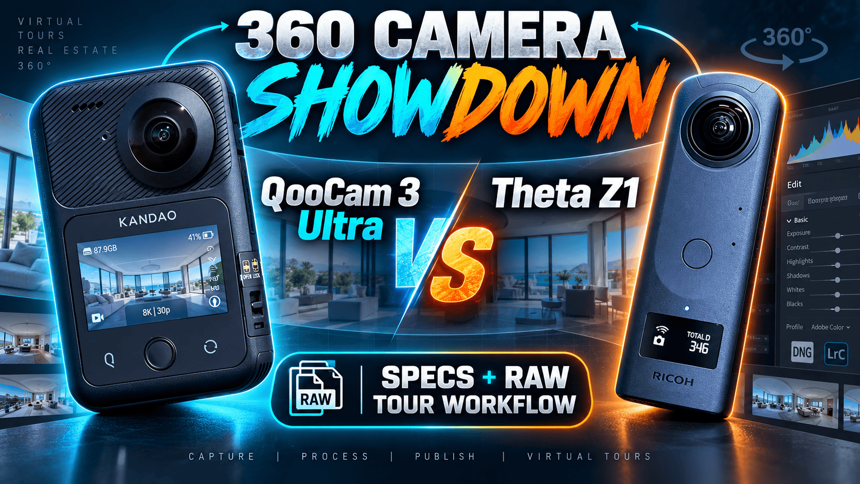 QooCam 3 Ultra vs Ricoh Theta Z1: Specs and RAW Tour Workflow