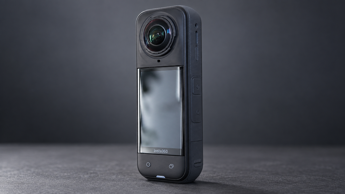 AI-assisted image of the Insta360 X5 camera standing upright against a dark, generated background.
