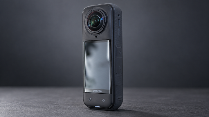 AI-assisted image of the Insta360 X5 camera standing upright against a dark, generated background.