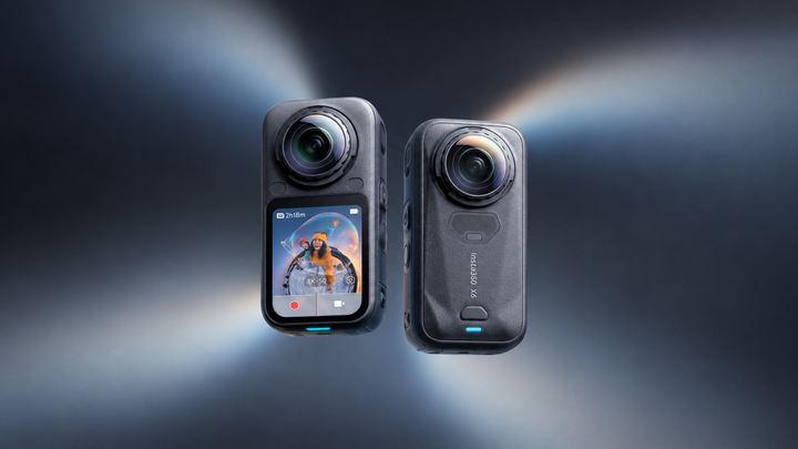 AI-assisted image based on an Insta360 X6 product photo, showing front and rear views against a generated dark studio background.