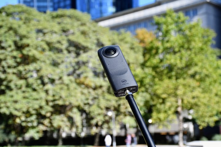 Ricoh Theta Z1 mounted on a pole outdoors