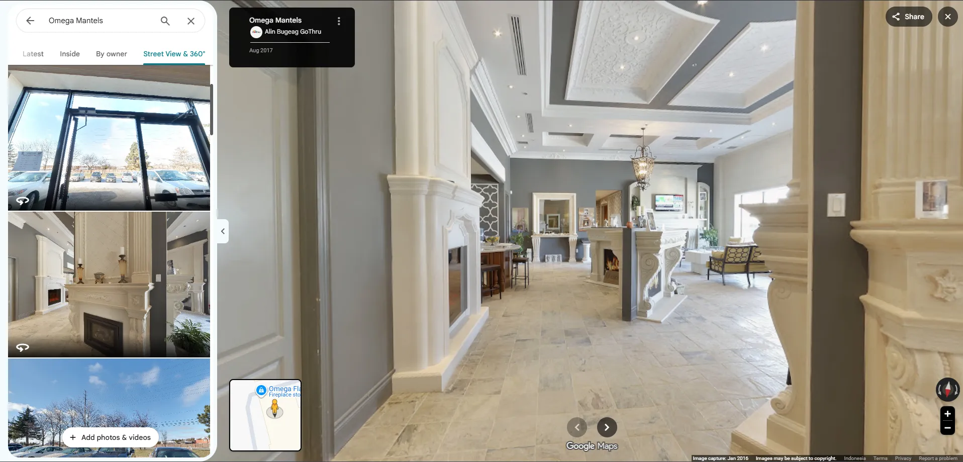 Google Maps view of the Omega Mantels listing with its connected indoor Street View tour open.