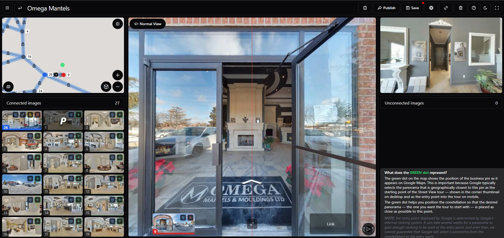 GoThru Moderator for Omega Mantels showing connected panoramas and the selected entrance view.