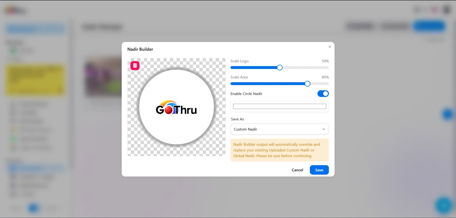 GoThru Nadir Builder showing logo scale, patch area, circle, and save controls for a custom nadir.