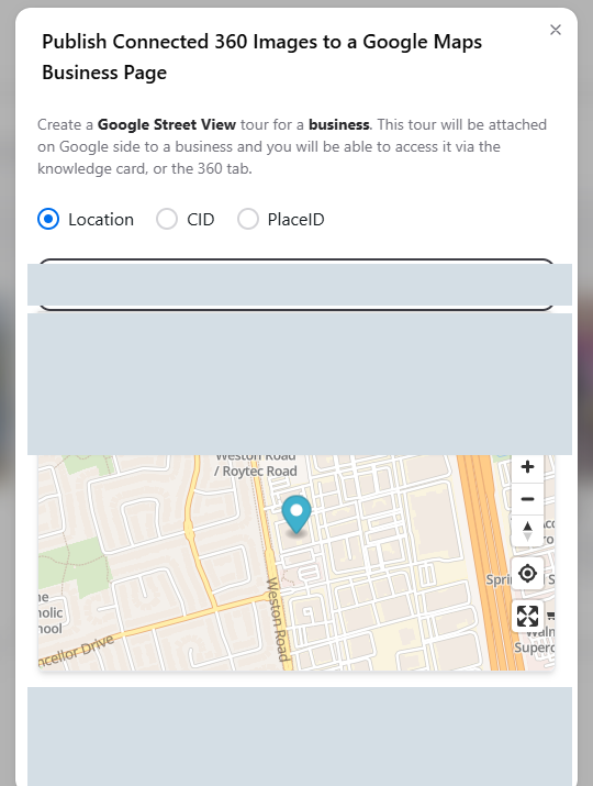 The location step shows the Location, CID and PlaceID choices and a map pin.