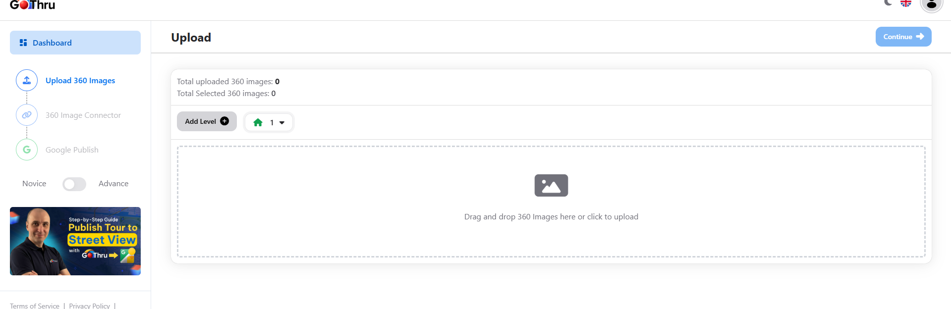 GoThru's Upload 360 Images screen shows the upload target and file total.