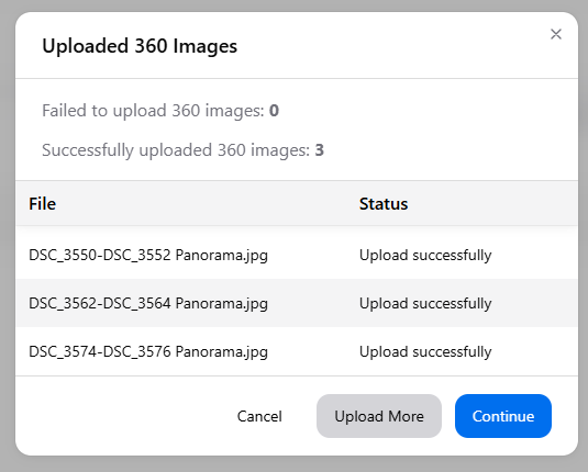 GoThru's upload dialog shows three successful panorama uploads and no failed uploads.