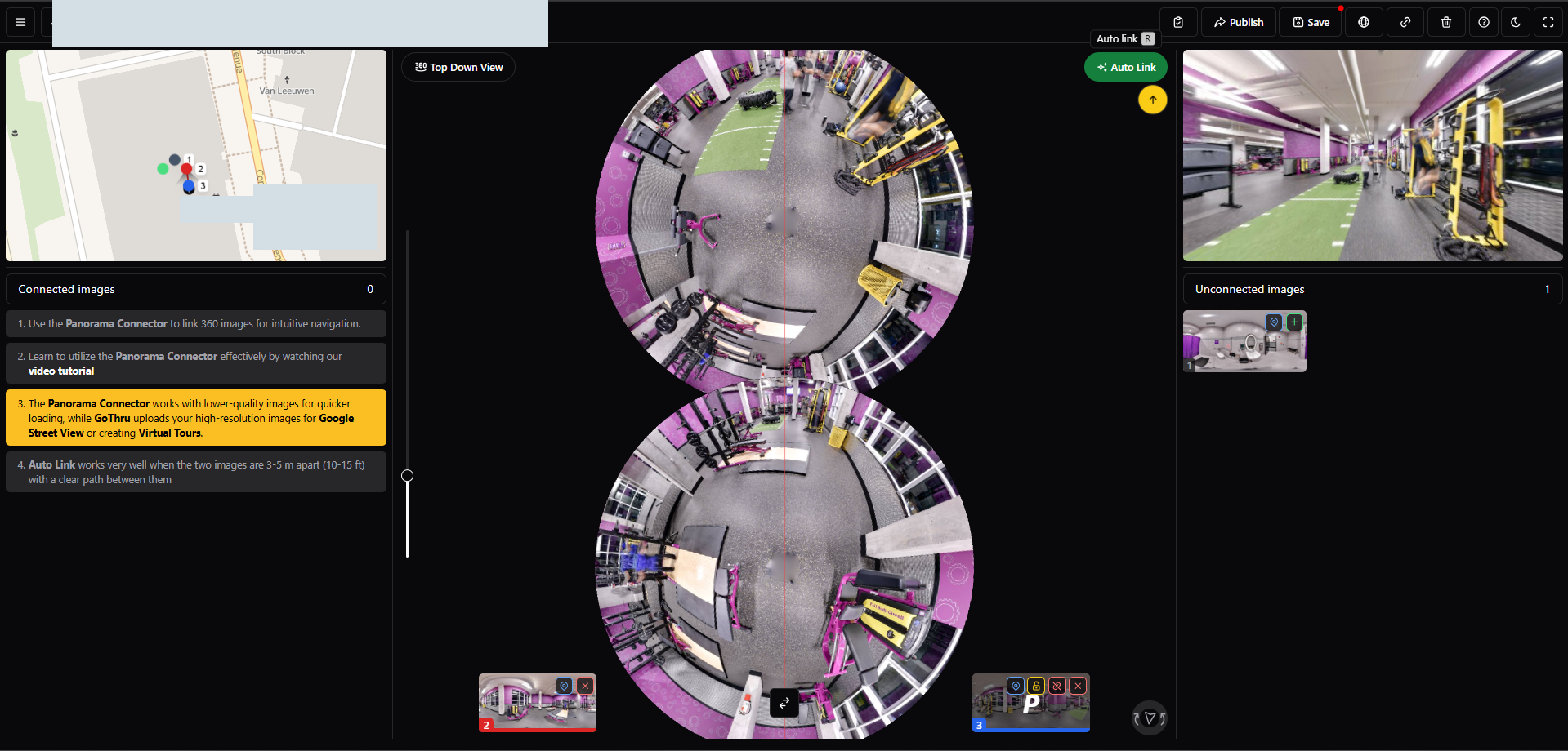 GoThru's connector shows the Auto Link control beside a top-down panorama view.