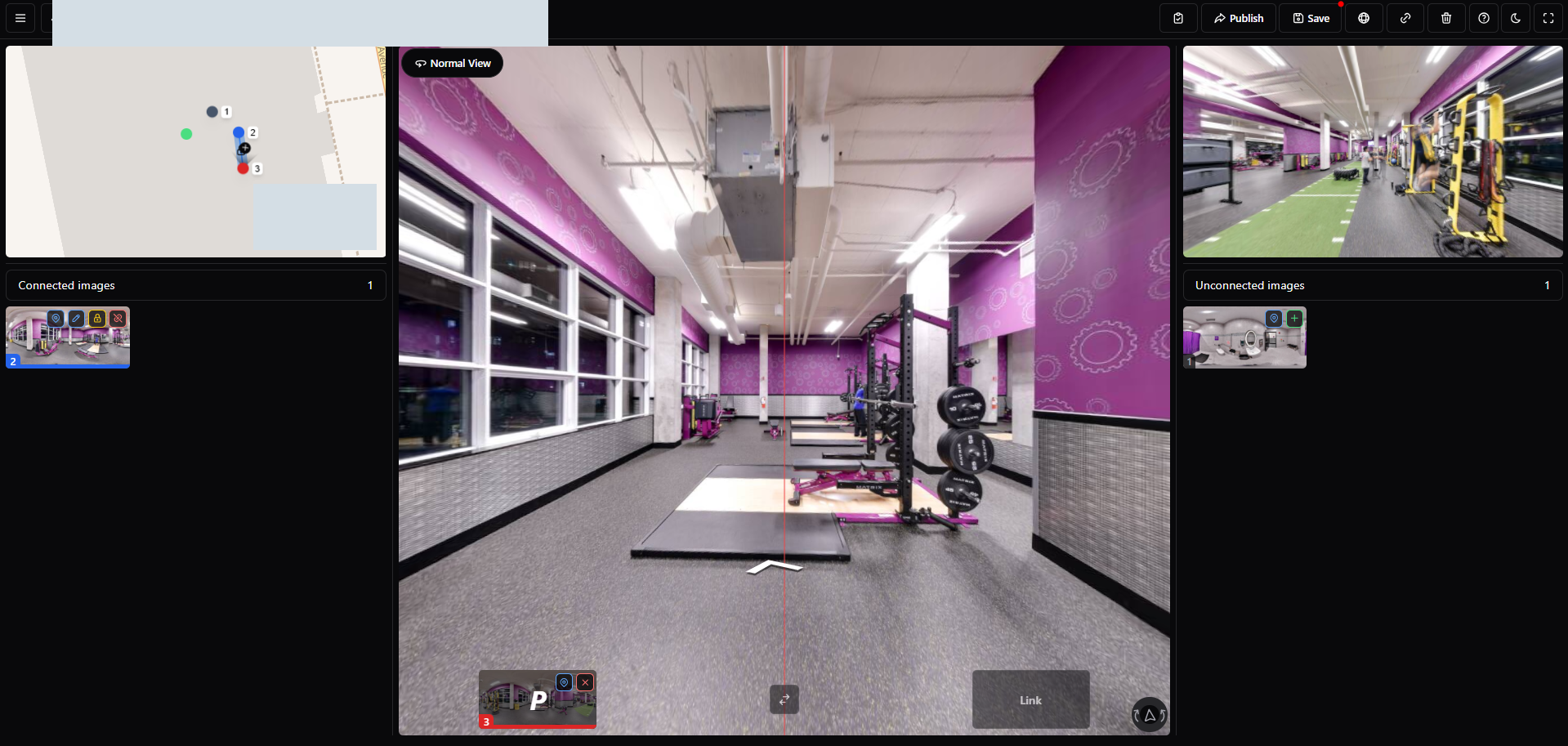 The panorama connector shows a selected view, map positions, one connected image and one unconnected image.
