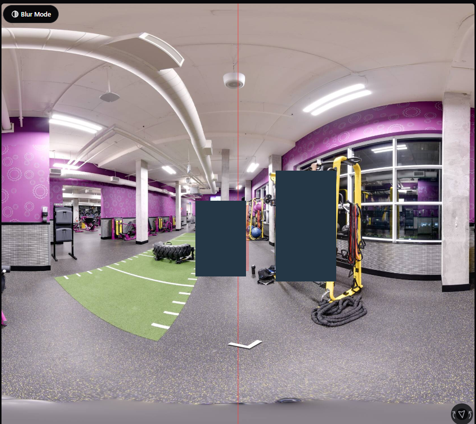 Blur Mode is open on a 360 panorama in GoThru Moderator, with people covered by editorial privacy masks.