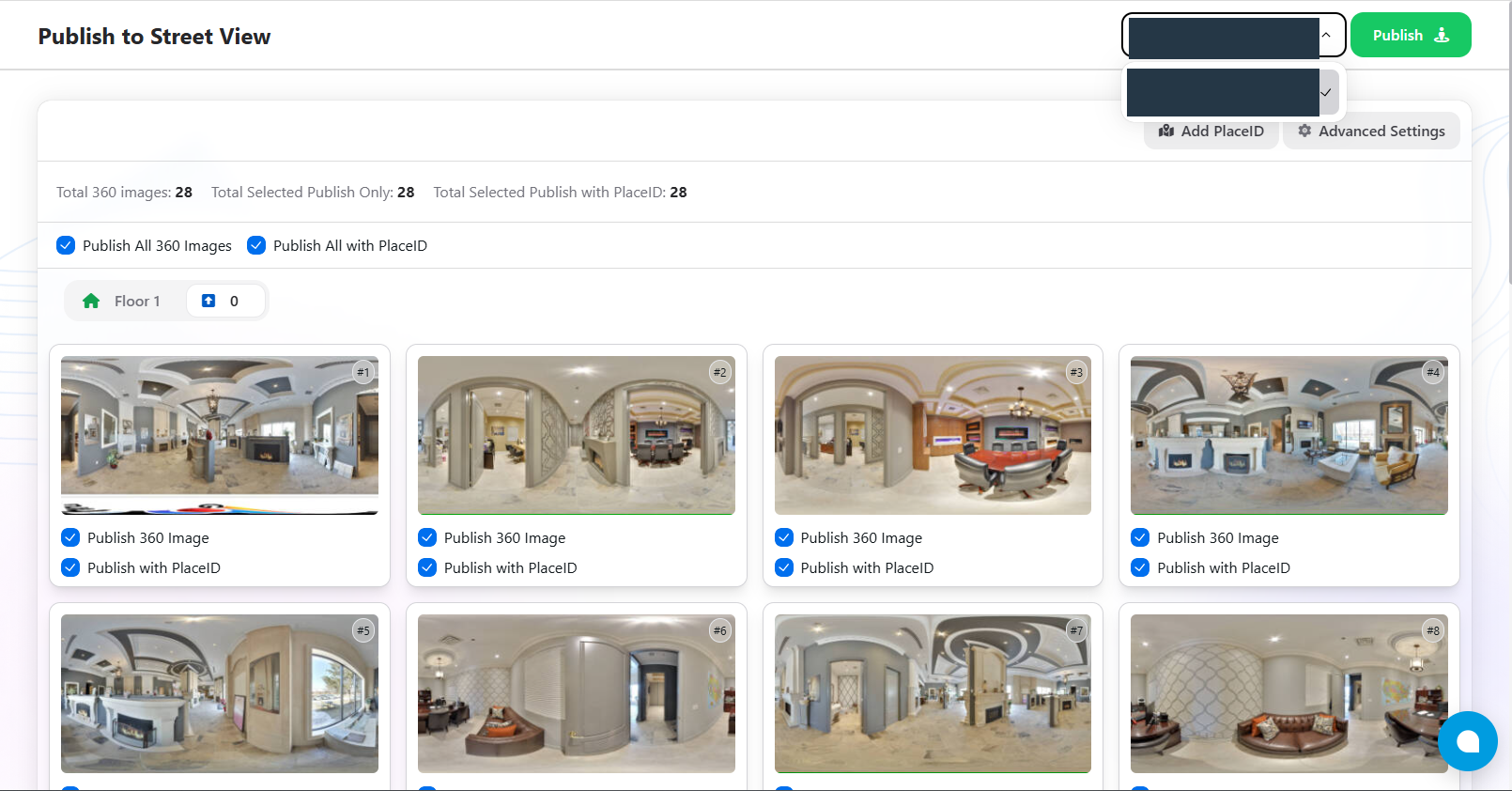 The GoThru Publish to Street View screen shows the account dropdown, panorama selections, Floor 1 and the Publish button.