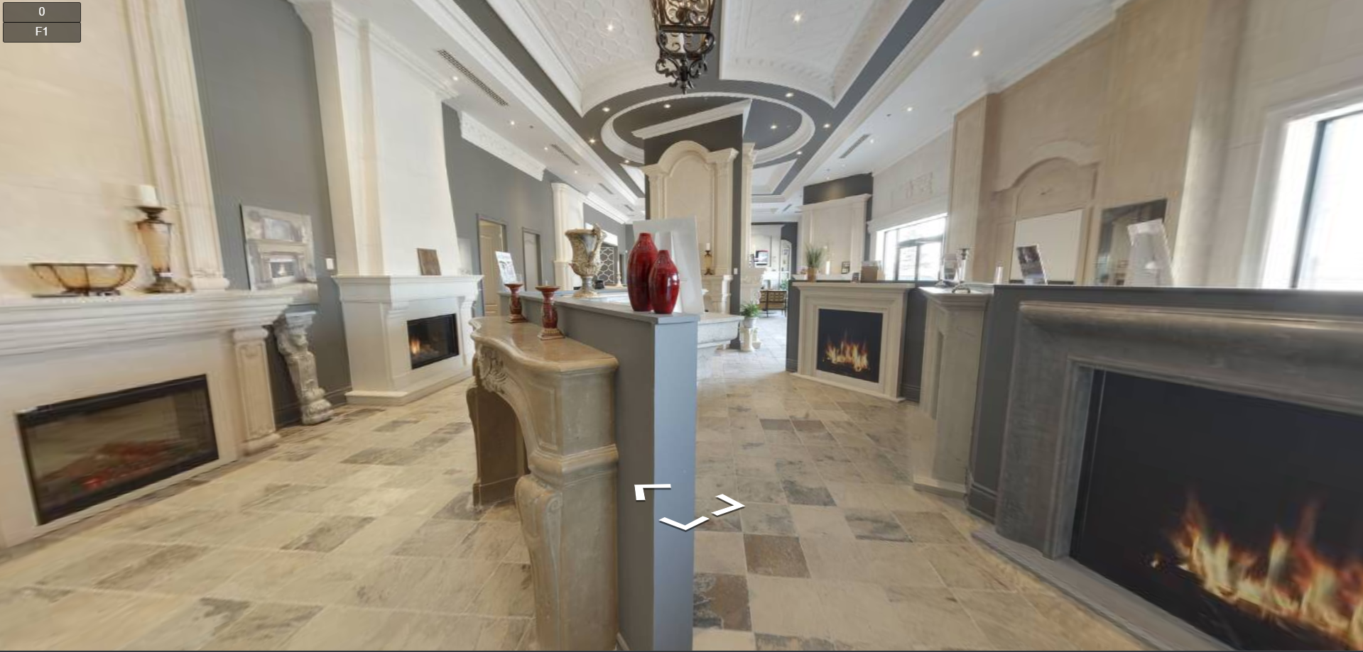 The tour preview shows an indoor panorama with navigation arrows and a floor indicator.