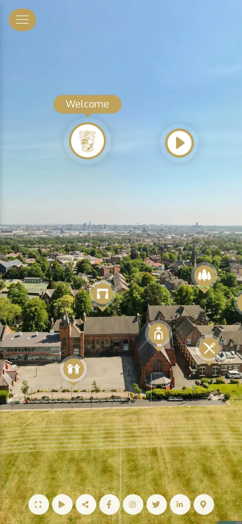 Mobile view of the Birkenhead School virtual tour showing an aerial panorama, scene markers and navigation controls.