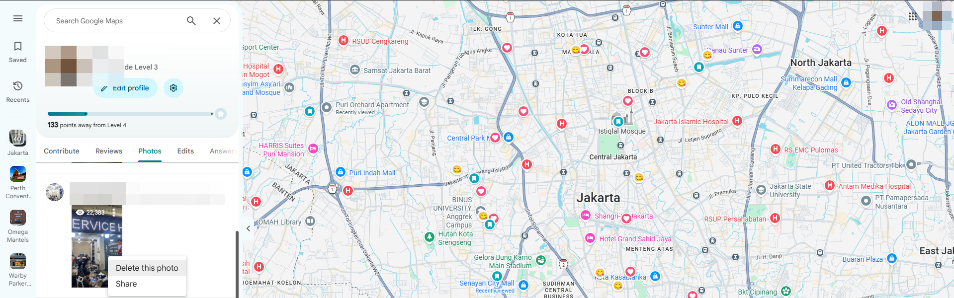 Google Maps contributions photo with the More menu open to Delete this photo; account and store details blurred