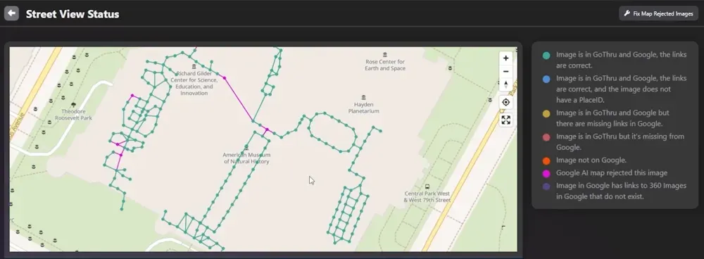 GoThru Street View Status map of a connected tour beside a color-coded panorama status legend