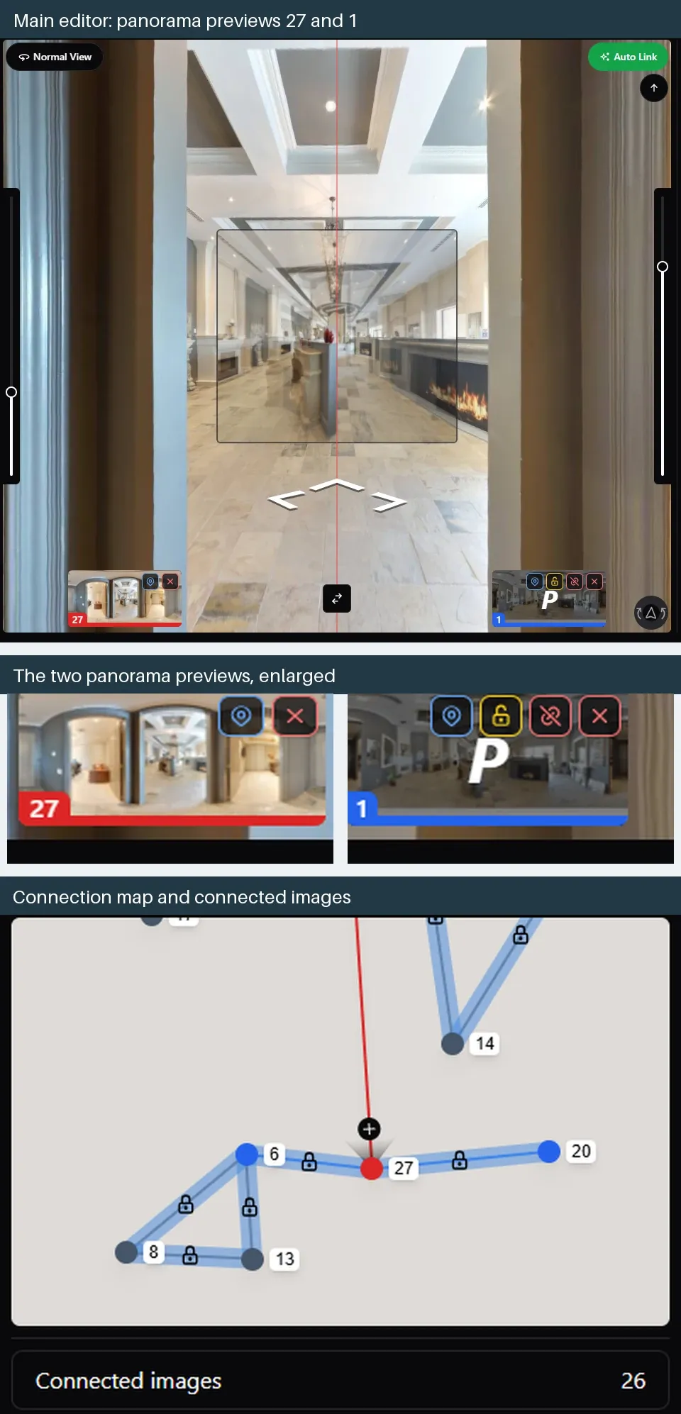 GoThru editor showing the main panorama viewer with an alignment line, enlarged previews 27 and 1, and a connected-viewpoint map.