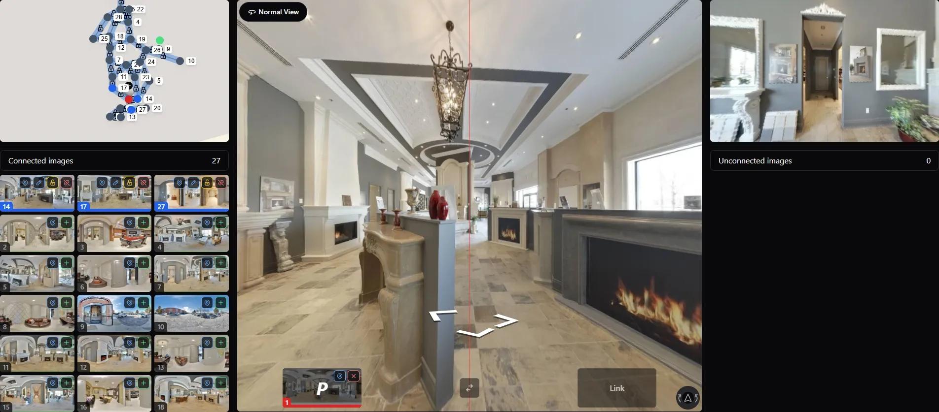 GoThru connection editor with a numbered panorama map, a scene-alignment line, two image views and a Link control.