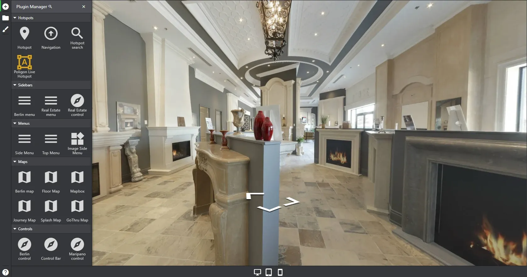 GoThru Tour Editor plugin panel with Hotspots, Sidebars, Menus, Maps and Controls beside an interior panorama.
