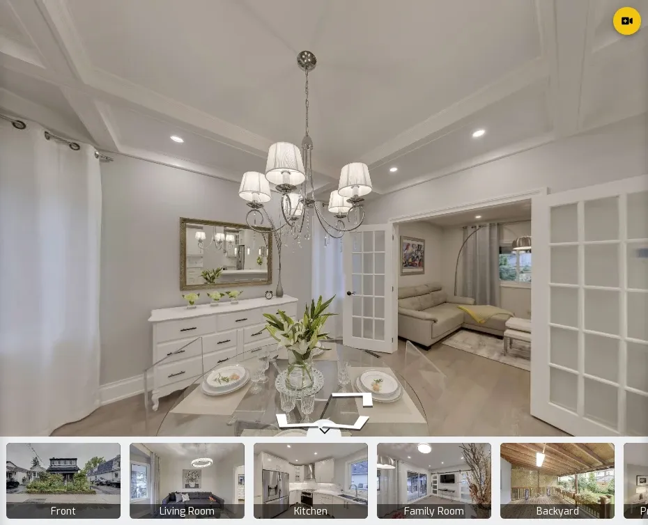 Dining-room panorama in a GoThru-hosted property tour with room thumbnails and a navigation arrow.