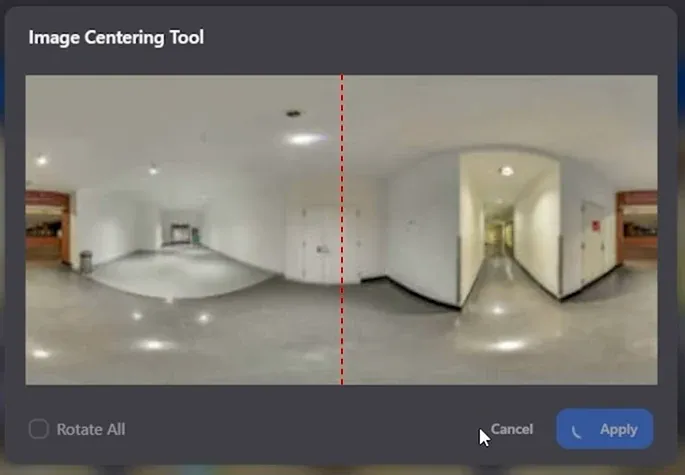 GoThru Image Centering Tool dialog showing a panorama, center guide, and Apply button