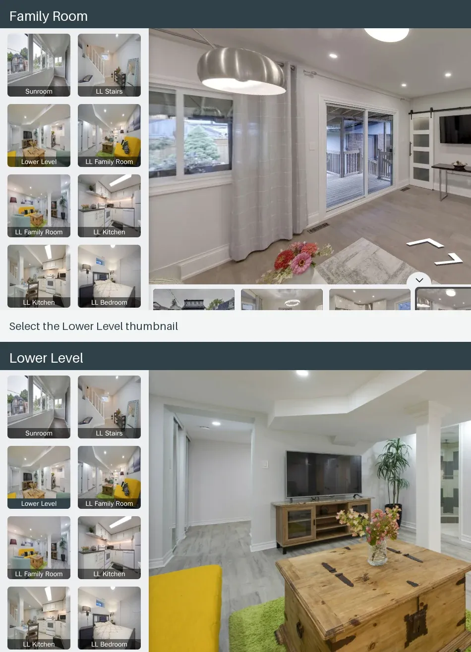 Two captured views of a property-tour gallery. Selecting the Lower Level thumbnail changes the Family Room view to lower-level media.