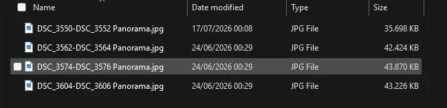 Four exported panorama JPG files listed in a file manager