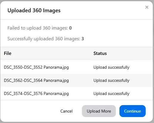 GoThru dialog reporting three 360 images uploaded successfully and none failed
