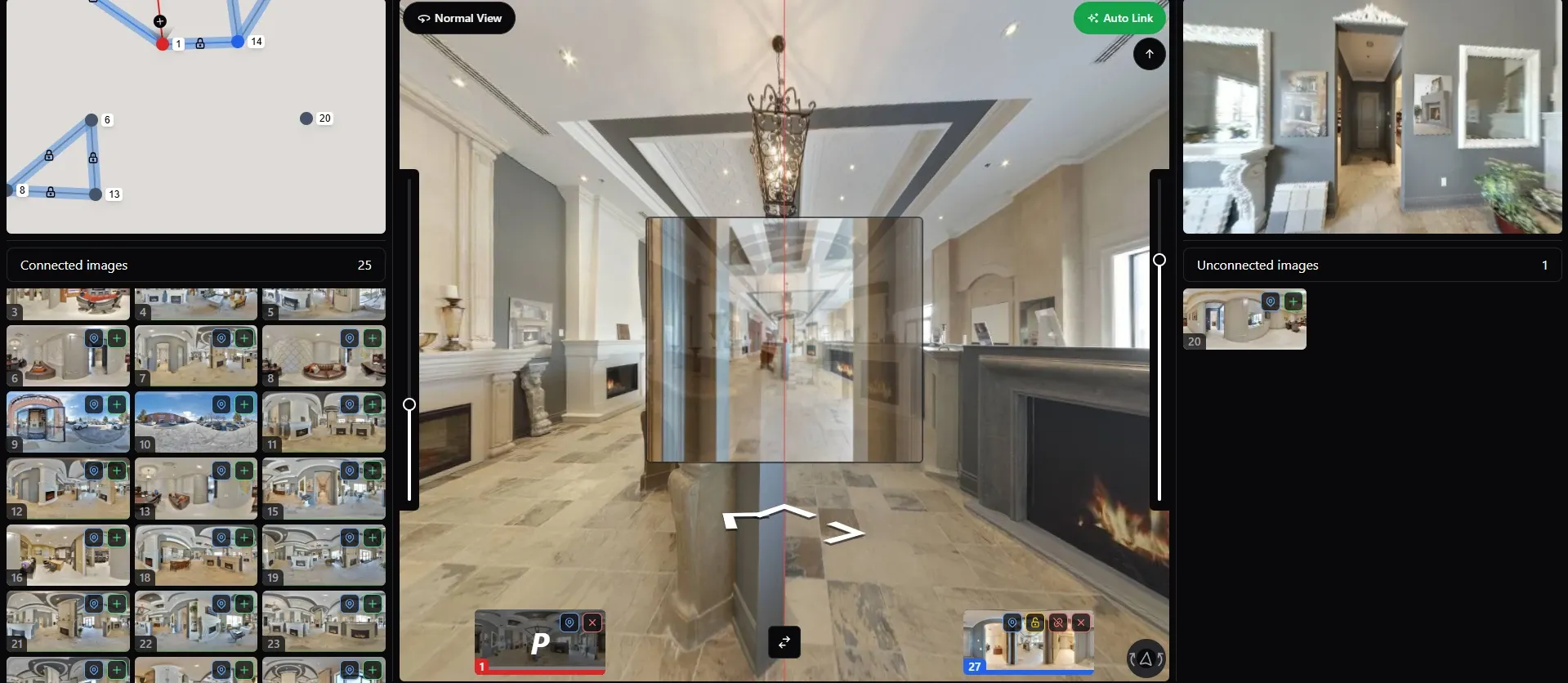 GoThru connection editor displaying a panorama alignment overlay, scene map, and connected and unconnected image trays
