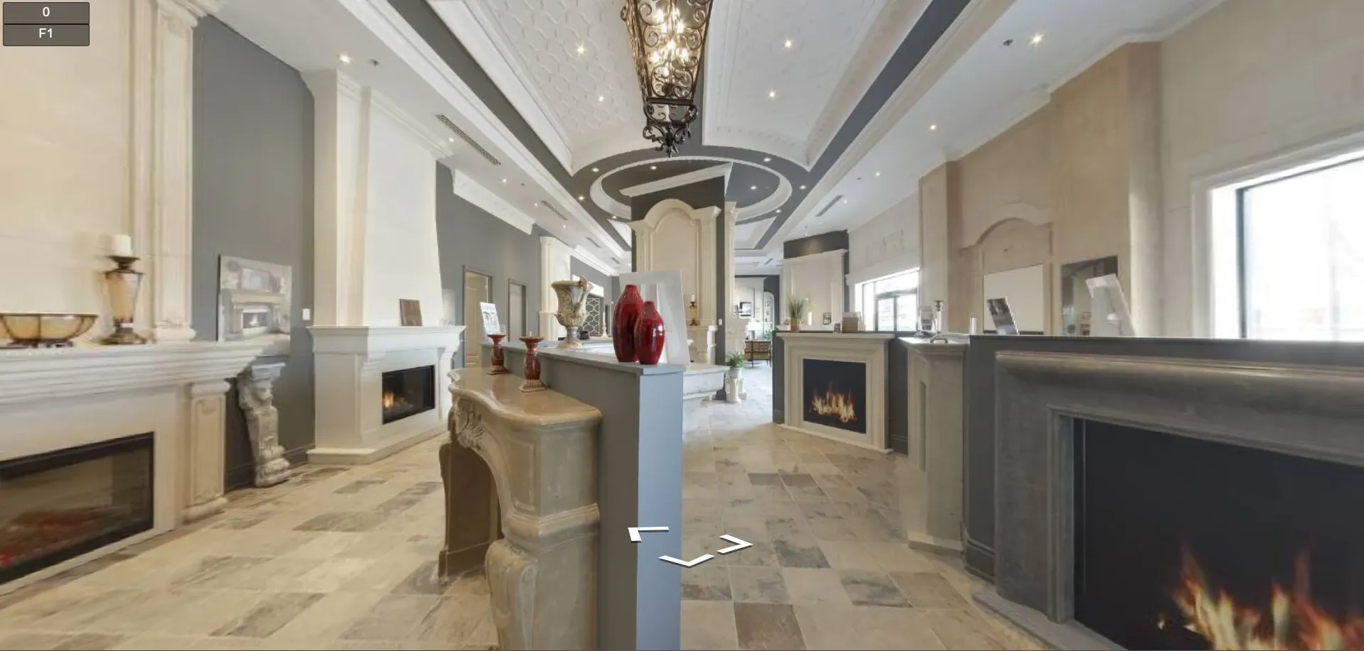 Hosted tour viewer showing an interior and arrows for moving to another panorama