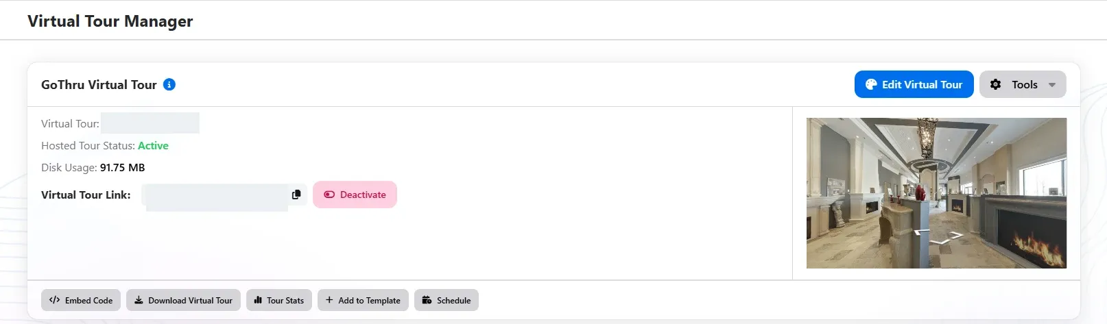 GoThru Virtual Tour Manager showing Active status, a masked tour link, and Embed Code control
