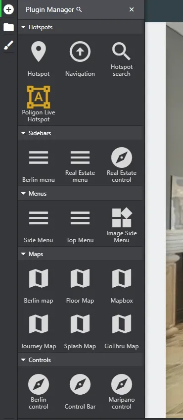 GoThru Overlay Editor Plugin Manager showing Real Estate menu and Real Estate control in the Sidebars group