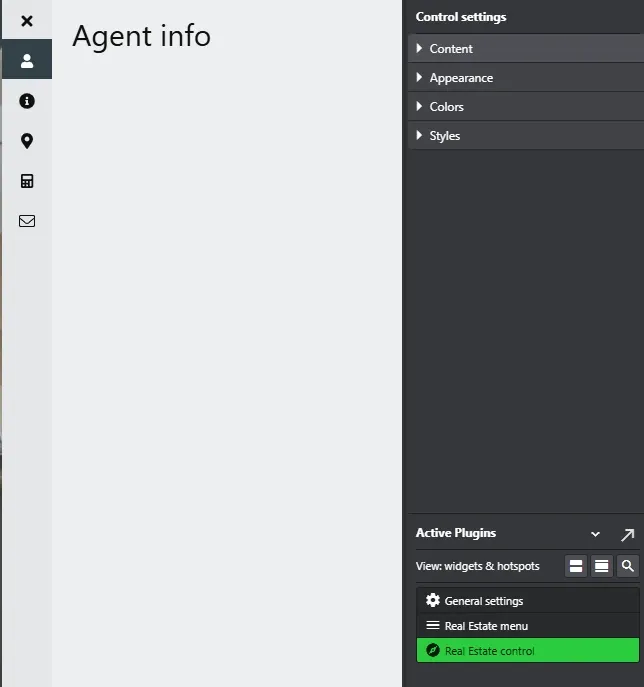 GoThru Overlay Editor with Agent info, Control settings panels, and active Real Estate menu and Real Estate control plugins