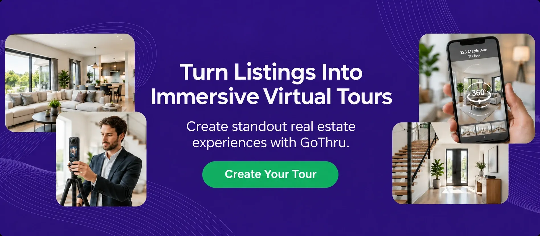 GoThru real-estate virtual-tour CTA banner reading “Turn Listings Into Immersive Virtual Tours” and “Create Your Tour,” with conceptual property and phone imagery.