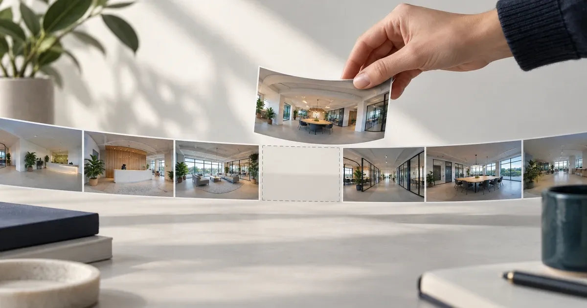 Concept illustration of one 360 panorama being lifted from a strip of interior panorama images.