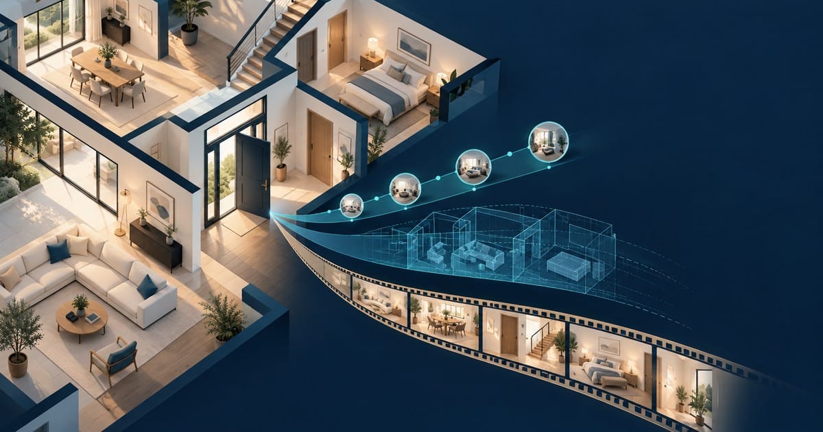 Conceptual property interior with panorama viewpoints, a spatial wireframe and film frames representing different tour formats.