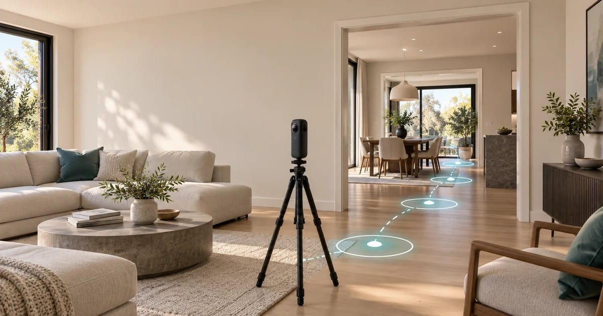 Concept illustration of a 360 camera in a home with markers suggesting a room-to-room capture path