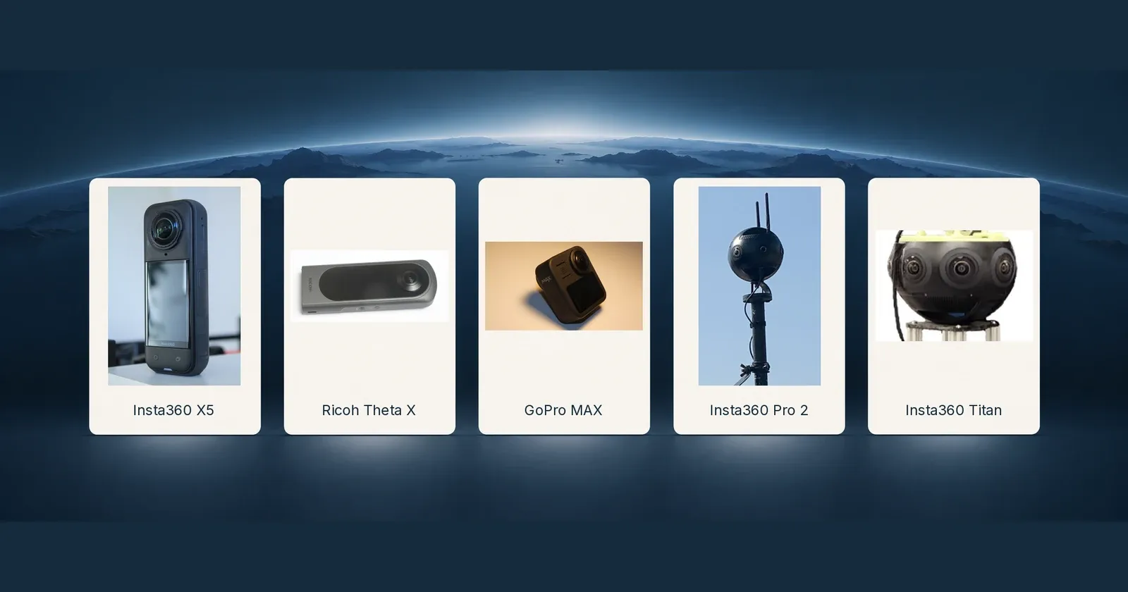 Five-camera gallery showing the Insta360 X5, Ricoh Theta X, GoPro MAX, Insta360 Pro 2 and Insta360 Titan.