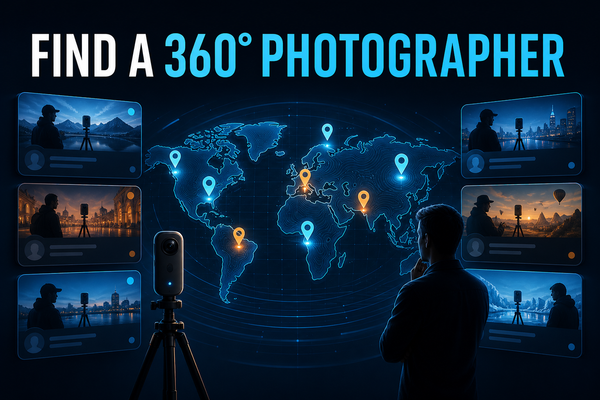 Illustration of a client comparing 360 photographer profiles around a world map with location pins.