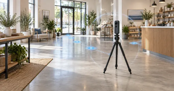 A 360 camera photographs a business interior with connected blue navigation points.