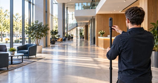 A photographer holds a two-lens 360 camera on a monopod in a sunlit indoor walkway.