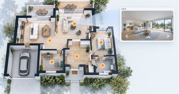 Conceptual cutaway of a home with connected tour viewpoints and an illustrated panorama viewer.