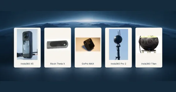 Five-camera gallery showing the Insta360 X5, Ricoh Theta X, GoPro MAX, Insta360 Pro 2 and Insta360 Titan.